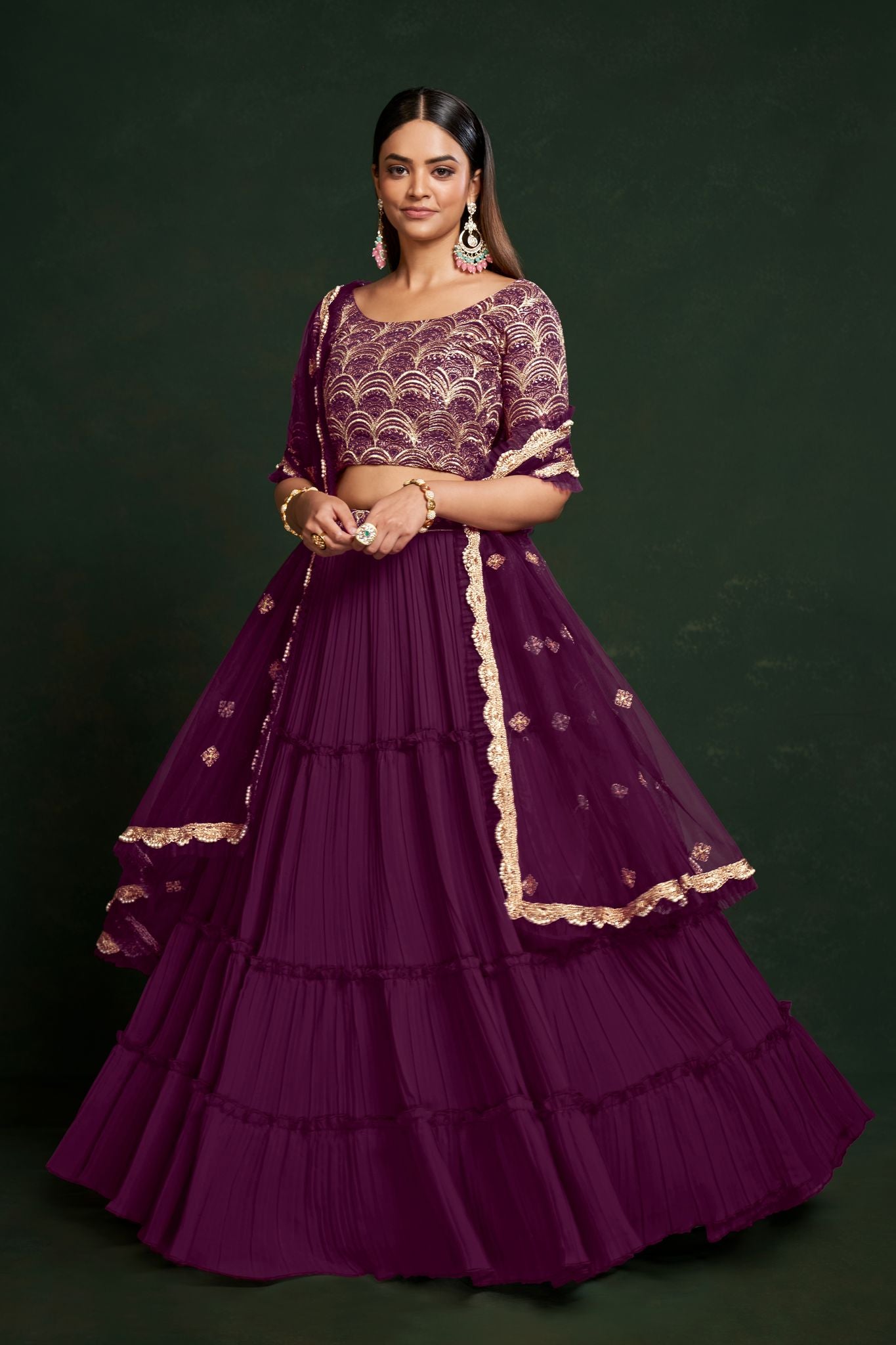Purple  Thread and  Sequins Embroidery Work  lehenga choli with Net  dupatta