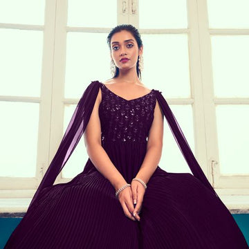 Purple   Georgette With  Thread And Sequince Embroidered Work Anarkali Flared Long Gown
