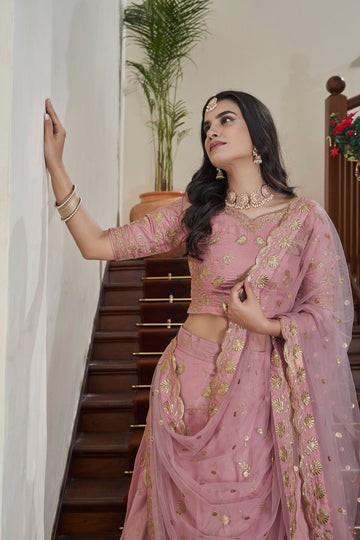 Peach    Zari & Sequins Embroidery Work   lehenga choli with Butterfly Net   dupatta