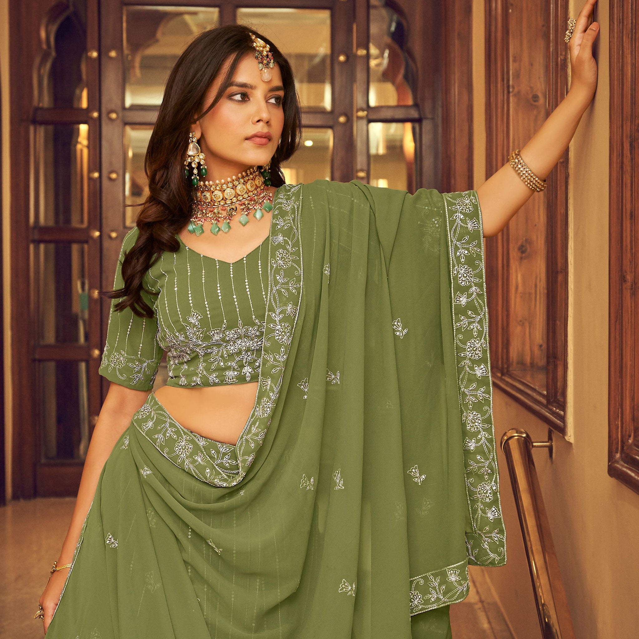 Mehendi Viscose ,Thread and  Sequins Embroidery Work  lehenga choli with Faux Georgette  dupatta