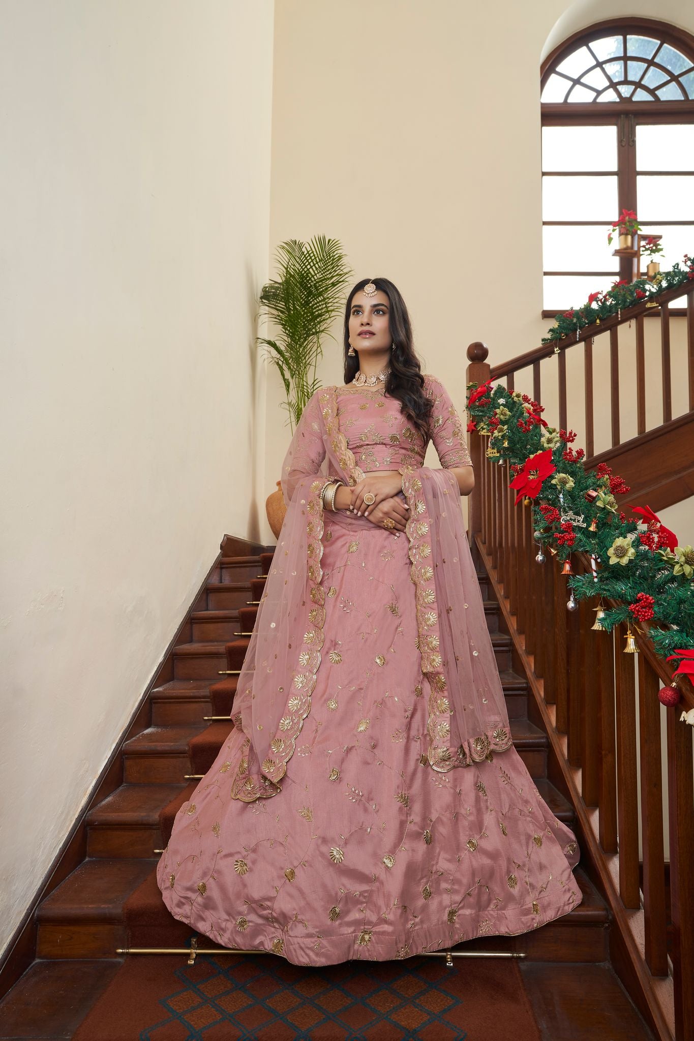 Peach    Zari & Sequins Embroidery Work   lehenga choli with Butterfly Net   dupatta