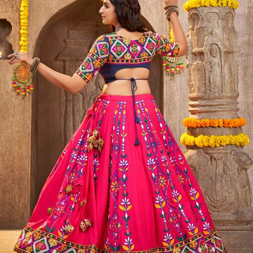 Deep Pink Thread Embroided with all over Mirror  work lehenga choli with Rayon dupatta