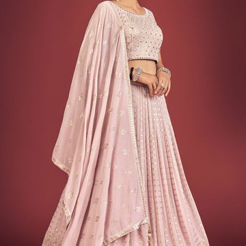 Peach  Thread Siquence  Work   lehenga choli with Georgette dupatta