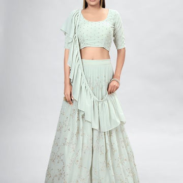 Light Green Mukaish ,Sequence and Thread  Work  lehenga choli with Georgette dupatta