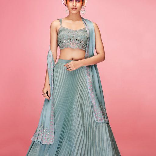 Sky Blue Crush ,  Thread and Hand  Work  lehenga choli with Satin  dupatta