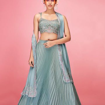 Sky Blue Crush ,  Thread and Hand  Work  lehenga choli with Satin  dupatta