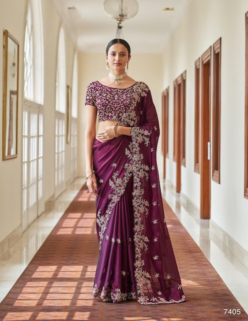 Wine Purple Silk saree for women