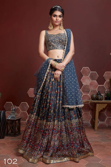 Blue Digital Print  and  mirror, Sequence Embroidery Work lehenga choli with Net dupatta