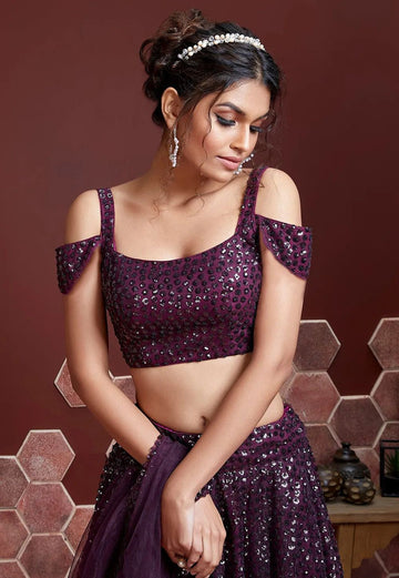 Purple  Zari and Sequence Embroidery Work lehenga choli with Net dupatta