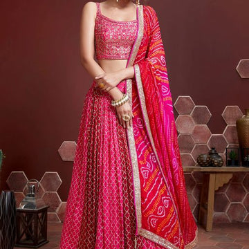 Rani  Pink  Zari and Sequence Embroidery Work lehenga choli with Chinon Silk dupatta