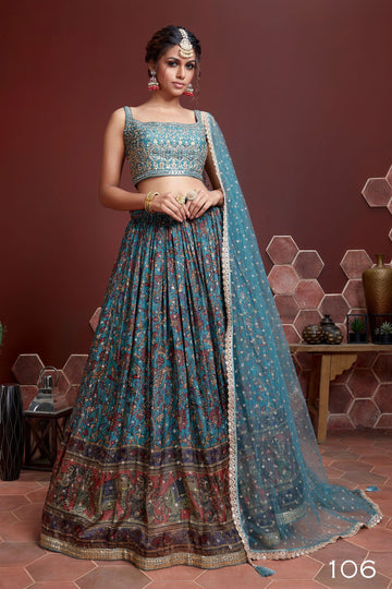 Peacock Blue  Floral Print and Sequence Embroidery Work lehenga choli with Net  dupatta