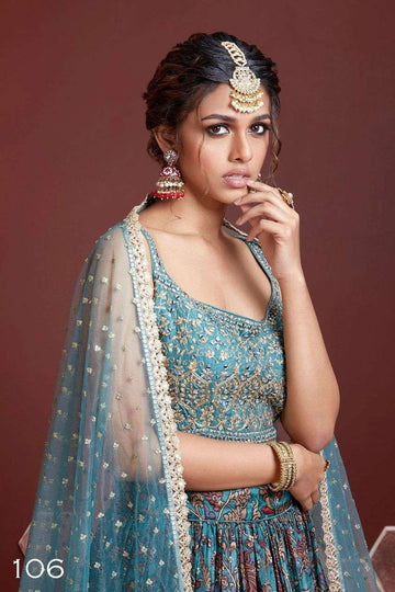 Peacock Blue  Floral Print and Sequence Embroidery Work lehenga choli with Net  dupatta