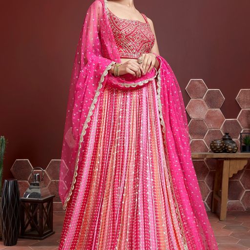 Pink  Digital Print and Sequence Embroidery Work lehenga choli with Net  dupatta