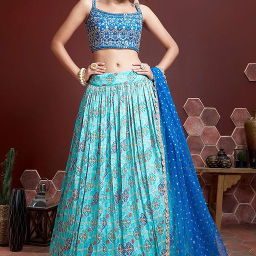 Sky Blue Digital Print and Sequence Embroidery Work lehenga choli with Net  dupatta