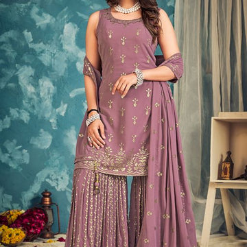 Dusty Purple  thread ,Sequence Zari Embroidery Work sharara suit For Women