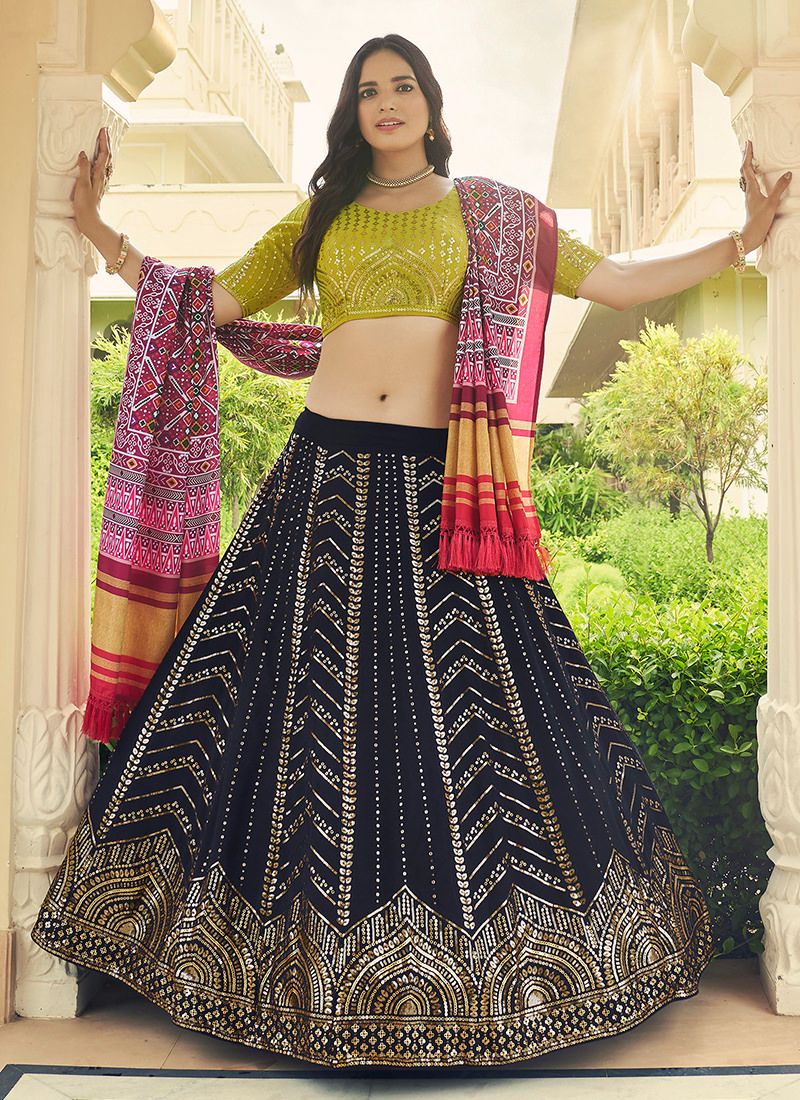 Blue and Green   Zari and Sequence Embroidery Work lehenga choli with Cottton dupatta