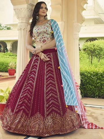 MAroon and WHite Zari and Sequence Embroidery Work  lehenga choli with Cottton dupatta