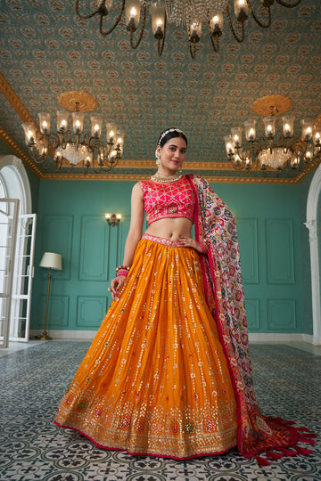 Yellow Sequence and thread  Embroidery Work  lehenga choli   with chinon dupatta