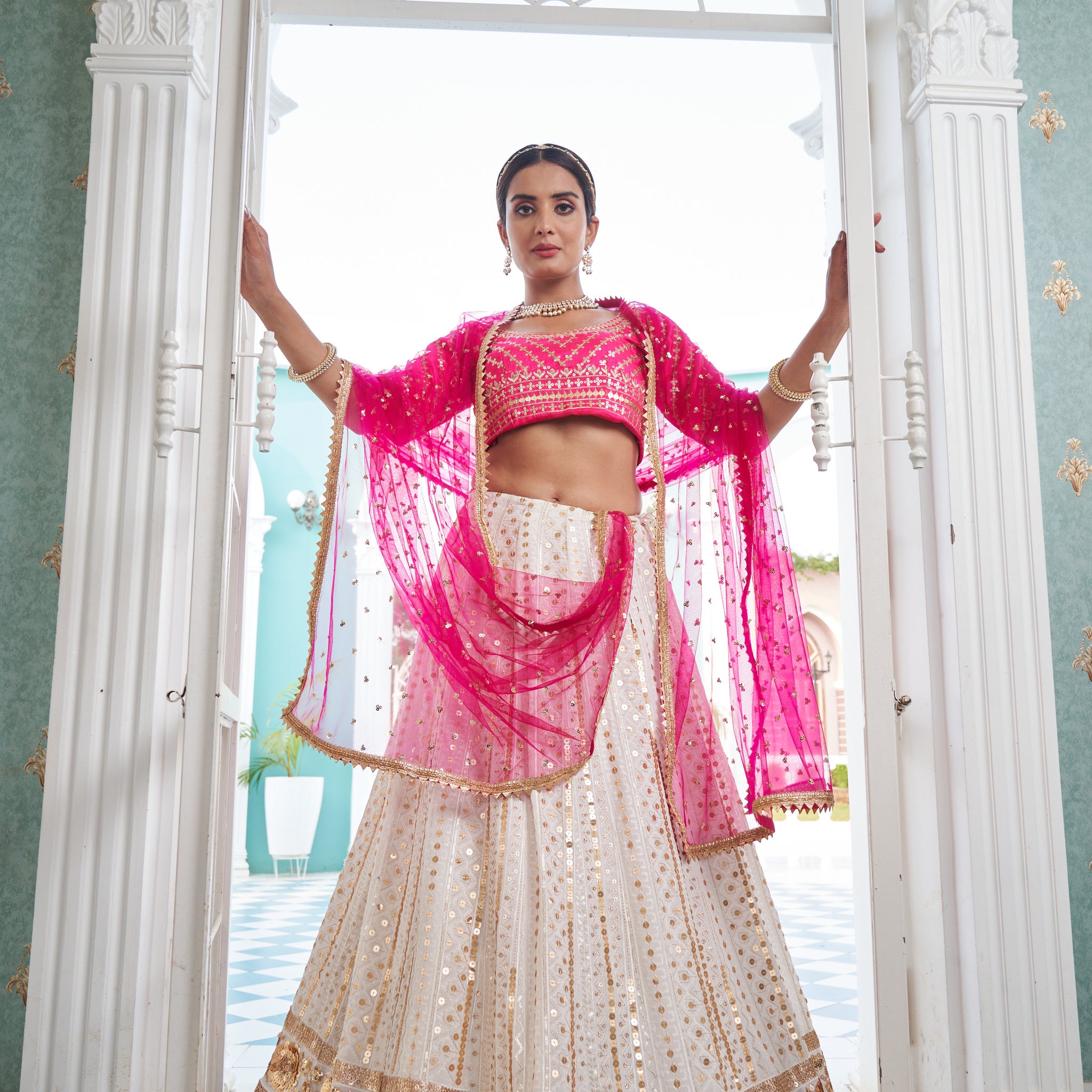 Pink and White   Zari and Sequence , thread  Embroidery Work lehenga choli with Net  dupatta