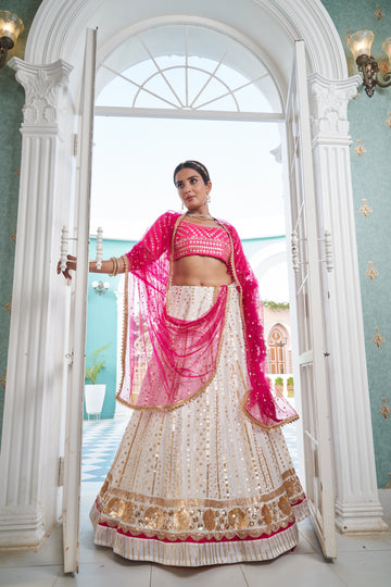 Pink and White   Zari and Sequence , thread  Embroidery Work lehenga choli with Net  dupatta
