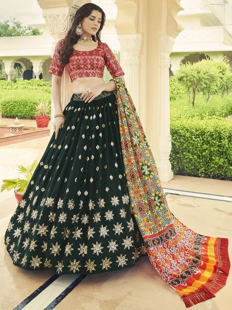 Green and Maroon   Zari and Sequence Embroidery Work  lehenga choli with Cotton  dupatta