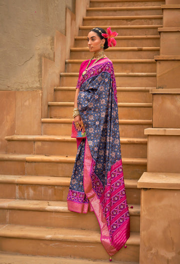 Blue and Pink Patola Silk  saree for women