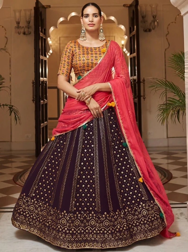 Wine   Zari and Sequence Embroidery Work lehenga choli with Silk dupatta