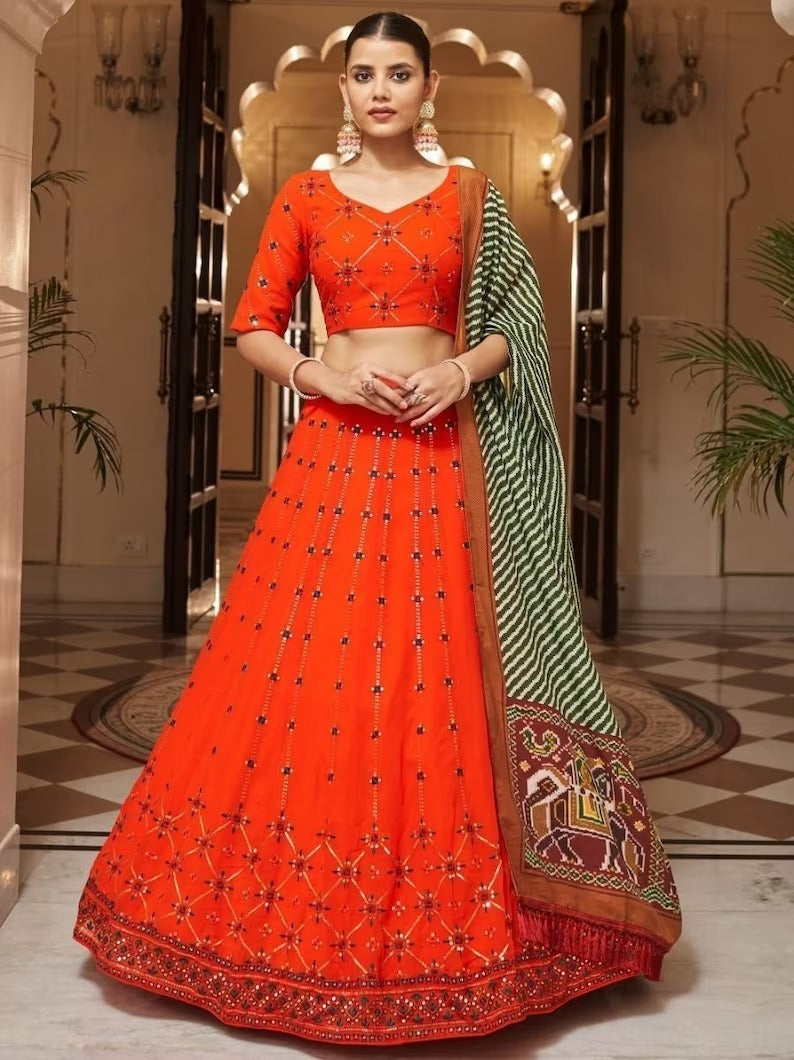 Orange   Zari and Sequence Embroidery Work lehenga choli with Cotton Print dupatta