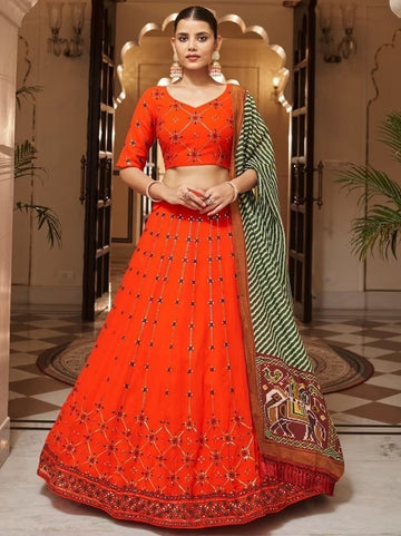 Orange   Zari and Sequence Embroidery Work lehenga choli with Cotton Print dupatta