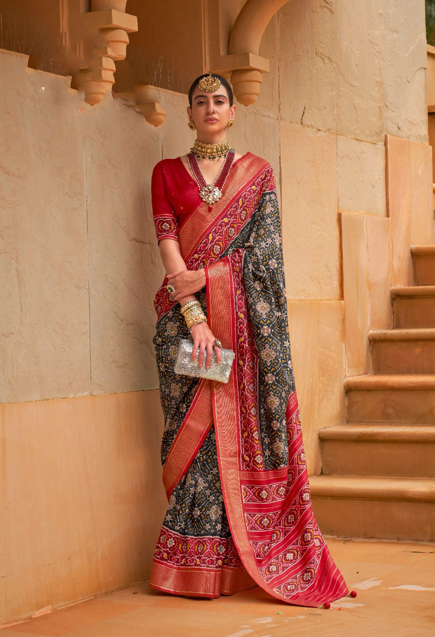 Black and Red Patola Silk  saree for women