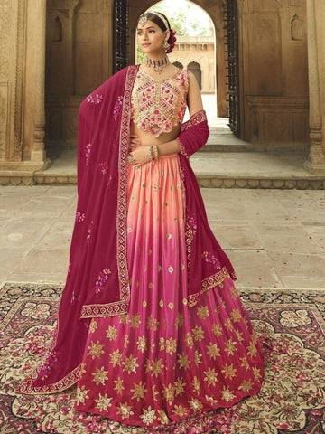 Pink Thread, Zari and Sequence Embroidery Work lehenga choli with Net dupatta