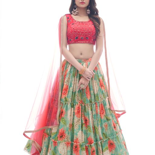 Pink and GreenThread and Mirror  Work  lehenga choli with Net  dupatta