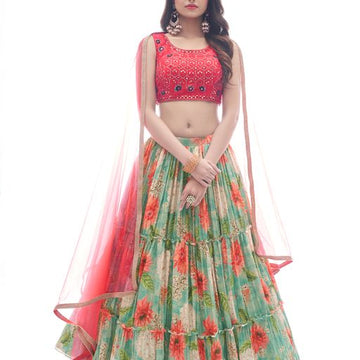 Pink and GreenThread and Mirror  Work  lehenga choli with Net  dupatta
