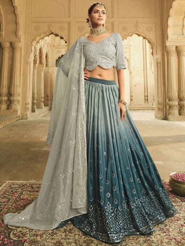 Sky Blue  Thread, Zari and Sequence Embroidery Work lehenga choli with Net dupatta
