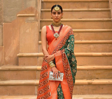 Green and Yellow Patola Silk Weaving Silk Saree for women