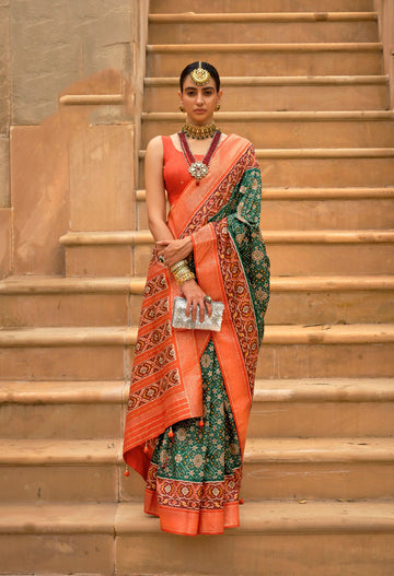 Green and Yellow Patola Silk Weaving Silk Saree for women