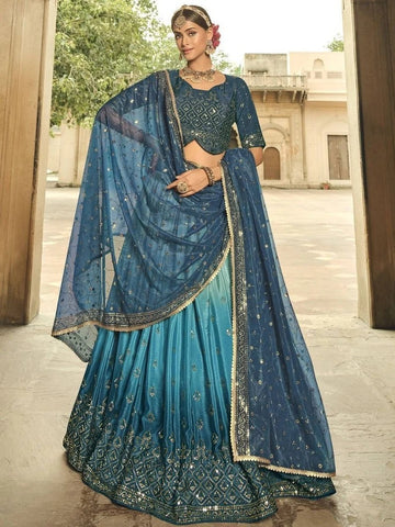 Teal Blue  Zari and Sequence Embroidery Work lehenga choli with Net dupatta