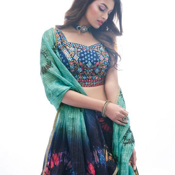 Blue  Thread and Mirror  Work  lehenga choli with Net  dupatta