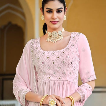 Pink Georgette   Thread Sequence Embroidery Work  Anarkali Flared Long Gown