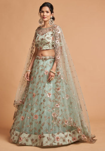 Sky  Zari and Sequence , Thread Embroidery Work lehenga choli with Net dupatta