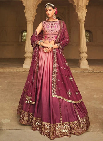 Pink to magenta Zari and Sequence ,Thread Embroidery Work  lehenga choli with  Fancy Net dupatta