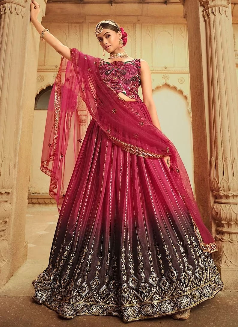 Deep Pink Zari and Sequence Embroidery Work lehenga choli with Net dupatta