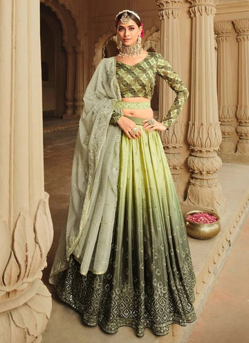 Pista Green Zari and Sequence Embroidery Work lehenga choli with Net dupatta