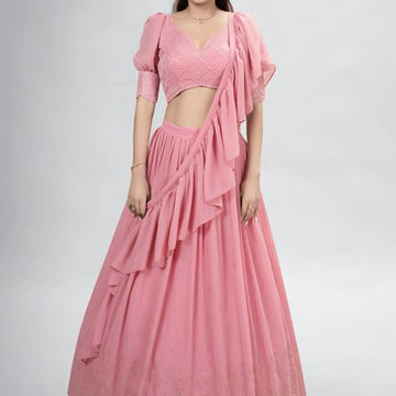 Pink Mukaish ,Sequence and Thread  Work  lehenga choli with Georgette dupatta