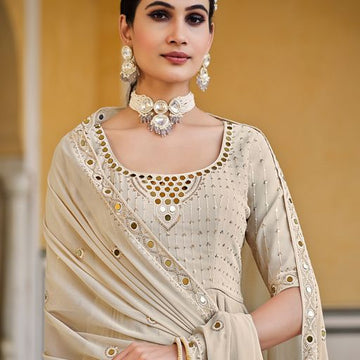 Beige Georgette   Thread Sequence Embroidery Work  Anarkali Flared Long  Gown