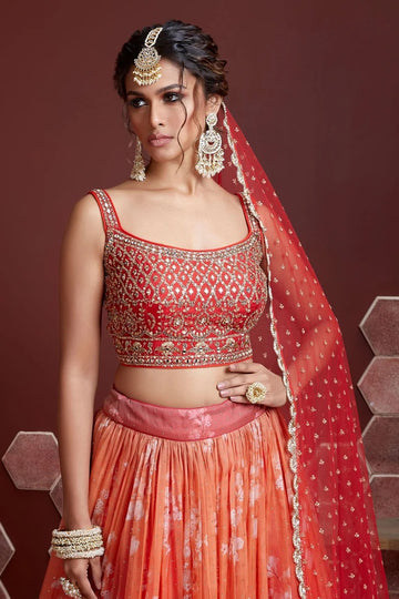Orange  Digital Print  and Sequence Embroidery Work lehenga choli with Net dupatta