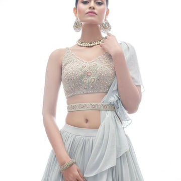 Light  Grey Thread and Mirror  Work    wedding party wear lehenga choli with Chinon Silk   dupatta