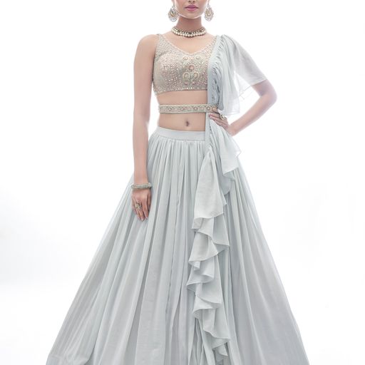 Light  Grey Thread and Mirror  Work    wedding party wear lehenga choli with Chinon Silk   dupatta