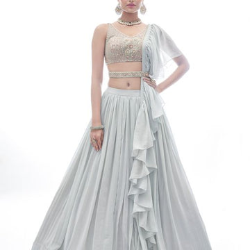 Light  Grey Thread and Mirror  Work    wedding party wear lehenga choli with Chinon Silk   dupatta