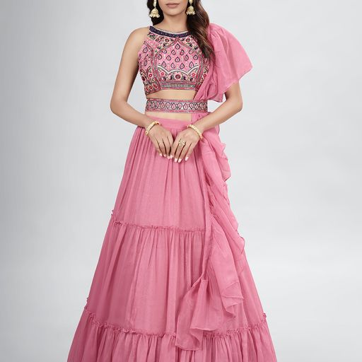 Pink Crush ,  Thread and Hand  Work lehenga choli with Chifon dupatta